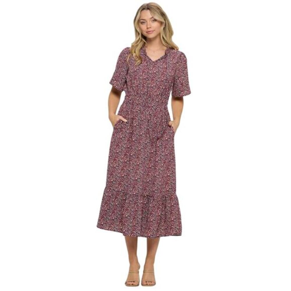 West K Women's Bethany Smocked Pattern Tiered Midi Dress Wine Size Medium